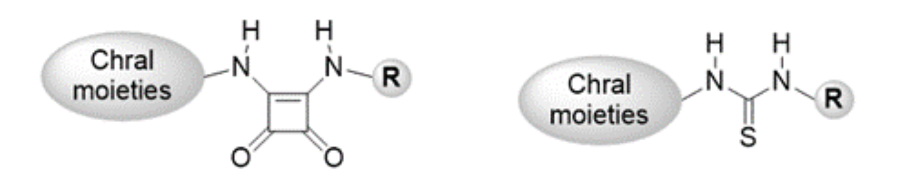 图1 方酰胺和硫脲结构作为手性有机催化剂的比较